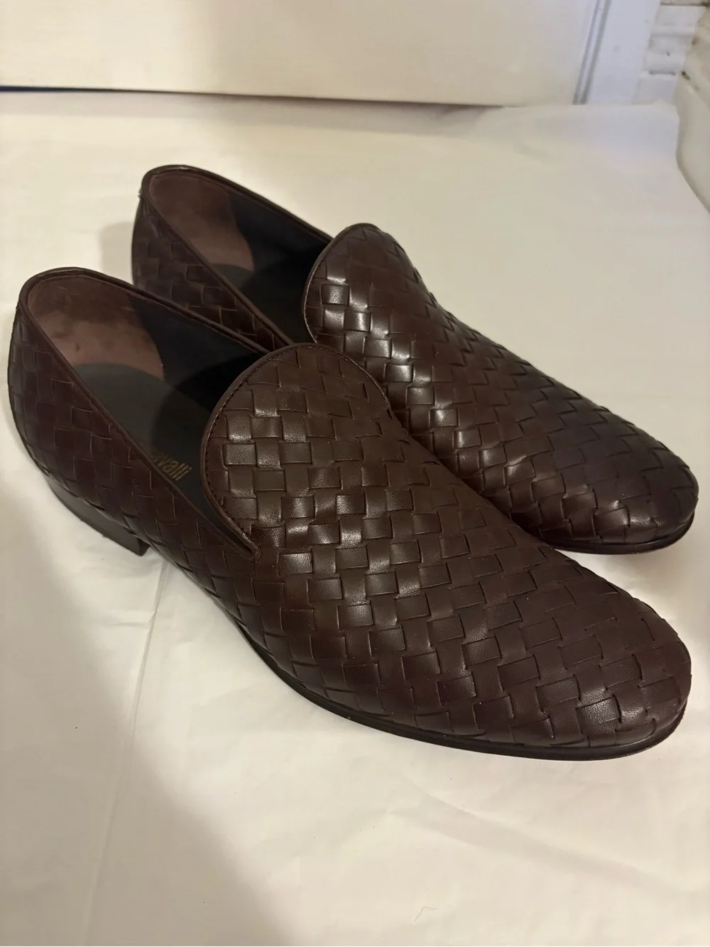 ROBERTO CAVALLI mens brown woven leather loafers